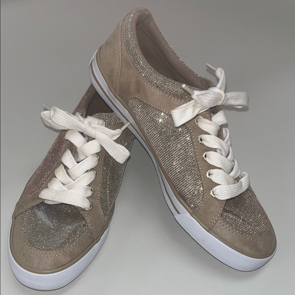 G by Guess Gold and Tan Glitter Sneakers